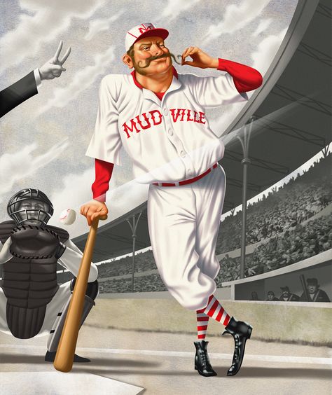 Jim Tsinganos, Illustration celebrating the famous “Casey at the Bat” poem by Ernest Thayer Casey At The Bat Poem, Bat Poems, Baseball Basement, Sport Art Projects, Casey At The Bat, Art Emotions, Baseball Signs, Diamonds In The Sky, Baseball Art