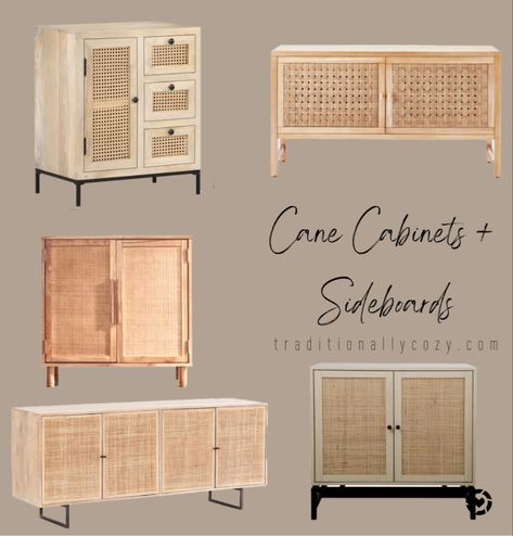 A variation of light wood cabinets with rattan doors for dining rooms. Options include 2 door cabinets and 2 door cabinets, with black metal legs and wooden legs. Cane Cabinets, Boho Cabinet, Cane Cabinet, Cane Sideboard, Hall Ideas, Boho Dining Room, Dining Room Cabinet, Cane Furniture, Family Room Decorating