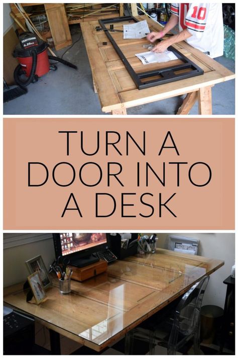 Instructions to make a DIY desk using an old door and and IKEA frame. This was an easy project to make a very useful desk. #howto #desk #upcycle Old Door Desk, Desk Upcycle, Antiquing Furniture Diy, Door Desk, Cable Reels, Ikea Frame, Door Table, Diy Furniture Bedroom, Home On A Budget