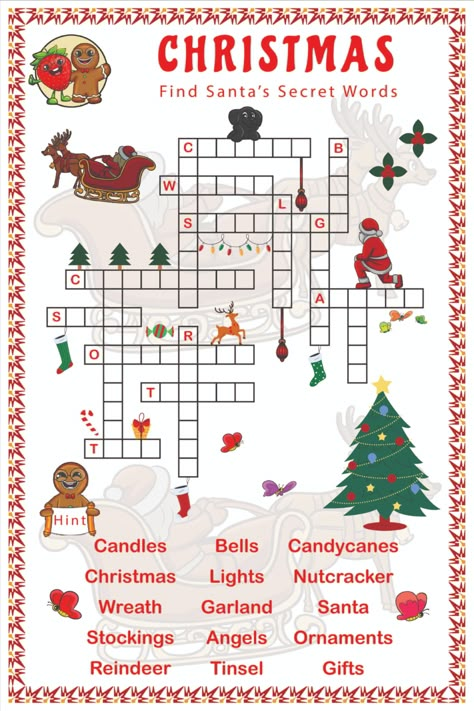 Christmas Cross Word Puzzles, Christmas Crossword Free Printable, Christmas Puzzles Printables Free, Christmas Puzzles Printables, Christmas Activity Pages, Christmas Crossword Puzzles, Christmas Crossword, Xmas Printables, Find Santa