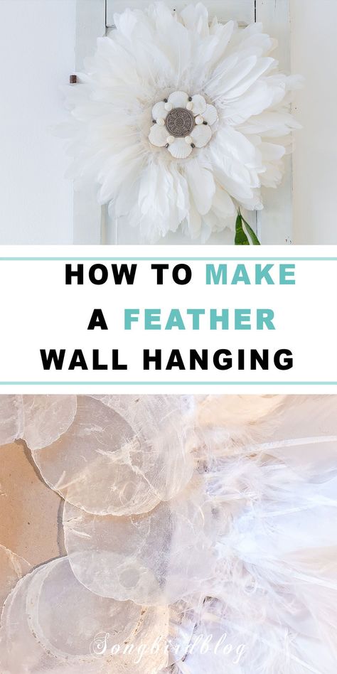 Create this beautiful feather wall hanging. Easy DIY Craft Idea. Make a feather wall hanging with these DIY instructions. I love this feather wreath idea. Feather Wall Hanging Diy, Shells Wall Hanging, Feather Circle, Feather Crafts Diy, Bohemian Diy, Feather Wall Decor, Feather Wreath, Feather Wall Hanging, Feather Wall Art