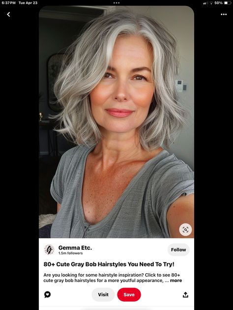 Med Grey Hair Over 50, Long Bob Hairstyles Older Women Over 50, Gray Mid Length Hair Styles, Silver Shoulder Length Hair, Mid Length Grey Hairstyles, Grey Long Bob Hairstyles, Wavy Gray Hair Over 50 Bob Hairstyles, White Hair Pixie Cut, Gray Blonde Hair Older Women