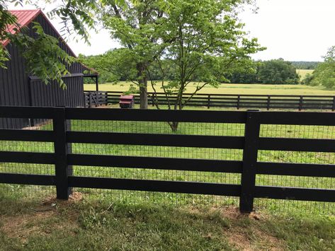 3 Rail Post & Board Painted Black | Smucker Fencing Black Post And Rail Fence, Black Ranch Fence, Ranch Fencing Ideas, Black Split Rail Fence, Fence Painted Black, 3 Rail Fence, Fence With Wire, Landscape Driveway, Black Fencing