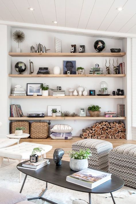 how all the cool kids arrange their art, via @MyDomaine Hiasan Bilik Tidur, Decor Ikea, Living Room Shelves, Room Shelves, A Living Room, Farmhouse Living, Wooden Shelves, Small Living Room, Design Living