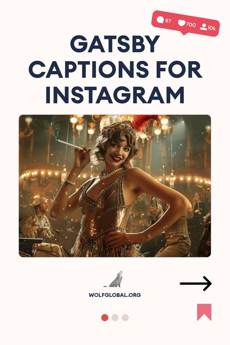 Promotional image featuring a 1920s flapper style woman for 'Gatsby Captions for Instagram'.
Graphic with 1920s themed phrases, checkmarks, and a call-to-action button saying "GET 100+ MORE".
A smiling woman on a laptop with graphics for social media engagement and likes. 1920s Quotes Roaring 20s, Great Gatsby Captions Instagram, Roaring 20s Captions Instagram, Gatsby Captions, Roaring 20s Captions, Great Gatsby Outfit, Gatsby Vibes, Great Gatsby Quotes, Party Captions