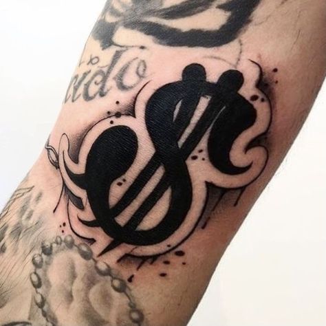 Banger Tattoos, Money Sign Tattoo, Dollar Sign Tattoo, Dollar Tattoo, Chest Tattoo Stencils, Tato Flash, Dollar Signs, Tattoo Lettering Design, Knuckle Tattoos