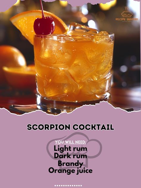 🦂 Spice up your night with a Scorpion Cocktail! #ScorpionCocktail #TropicalTwist Scorpion Cocktail Ingredients: Light rum (1 oz) Dark rum (1 oz) Brandy (1/2 oz) Orange juice (2 oz) Lemon juice (1 oz) Orgeat syrup (1/2 oz) Instructions: Shake all ingredients with ice. Strain into a glass filled with ice. Garnish with an orange slice and cherry. Embrace the bold, exotic flavors of the Scorpion Cocktail and transport yourself to a tropical paradise! 🍊🍹 #TropicalEscape #ExoticDrinks #Cheers Scorpion Cocktail, Yummy Alcoholic Drinks, Light Rum, Orange Slice, Cocktail Ingredients, Tropical Escape, Dark Rum, Orange Slices, Tropical Paradise