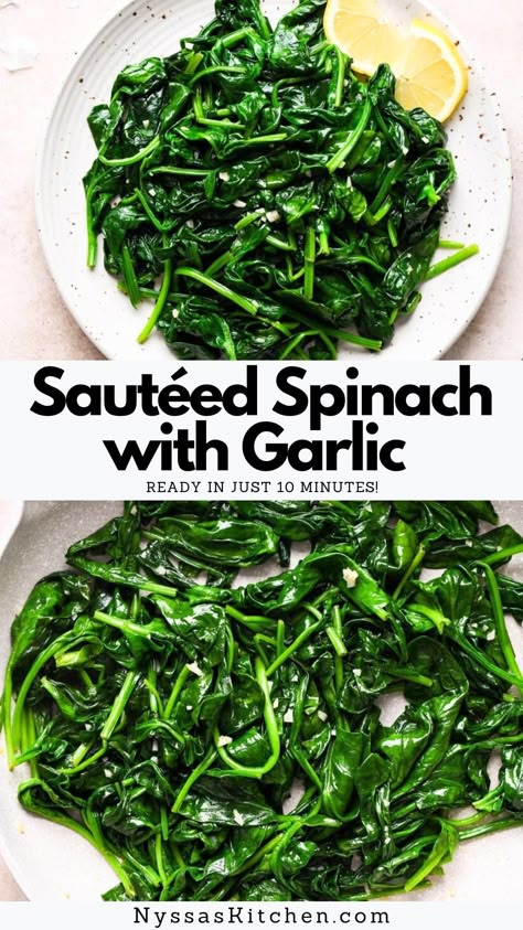 This 5 ingredient sautéed spinach with garlic recipe is a super easy side dish that is made in a skillet in just 10 minutes! It pairs beautifully with many different types of meals, from pan seared chicken to oven roasted fish. A simple back pocket veggie recipe that's perfect for any night of the week! Spinach Saag Recipe, Fresh Spinach Recipes, Spinach Side Dish, Saag Recipe, Garlic Spinach, Spring Recipe, Spinach Recipe, Seafood Entrees, Healthy Side Dish