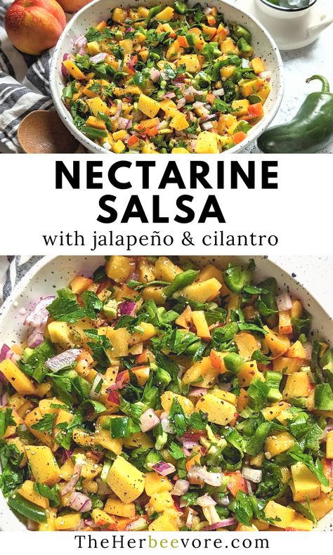 This nectarine salsa with jalapeno and cilantro recipe is a sweet & spicy dish you'll love! It's great as a dip for chips, or to top roasted chicken, baked fish, or with bean and rice tacos. Nectarine Salsa Recipe, Nectarine Salsa Canning, Nectarine Salsa Recipes, Nectarine Bbq Sauce, Peach Jalapeno Salsa, Peach Jalapeno Bbq Sauce, Black Bean Corn Salsa And Jalapeno, Rice Tacos, Nectarine Salsa