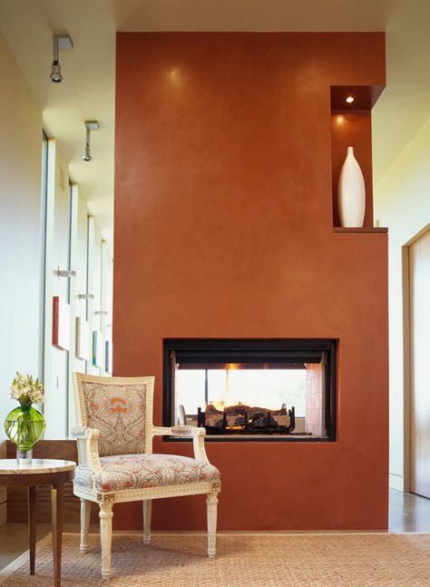 Love this #fireplace in Hillside Haven in #SanAnselmo, #Marin, #California | #Modern #Greens #Blues #Yellows #VintageFurniture #CustomPieces #Architecture #InteriorDesign #Rust #Orange Fall Curtains, Fireplace Accent Walls, Fireplace Feature Wall, Modern Family Rooms, Architect House, Brick Fireplace, Ideas Pictures, Fireplace Design, Contemporary Living Room