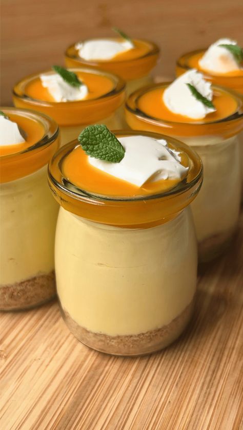 No Bake Mini Mango Cheesecakes Mini Mango Cheesecake, Cheesecake Mix, Mango Pulp, Mango Cheesecake, Digestive Biscuits, Cheesecake Bites, Vegetarian Cheese, Mint Leaves, Smoothie Bowl