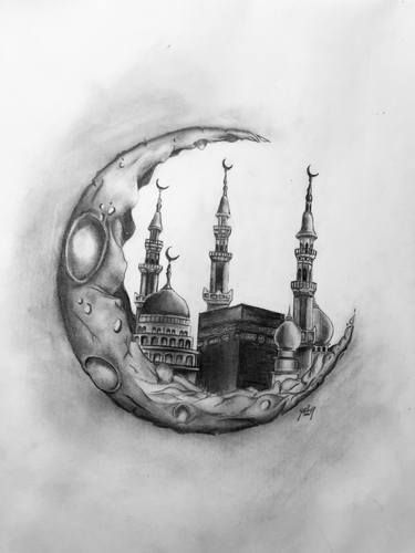 Islamic Pencil Drawings, Moon Art Drawing Pencil, Islamic Drawings Art Pencil, Madina Drawing, Kaaba Drawing, Drawing Islamic, Muslim Drawing, Religion Drawing, Islamic Drawing