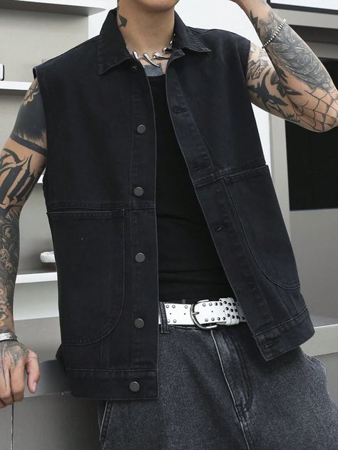 Men's Button-Up Sleeveless Vintage Stylish Denim Jacket Black Casual  Sleeveless Denim Plain Bomber Non-Stretch  Men Clothing, size features are:Bust: ,Length: ,Sleeve Length: Jean Jacket Sleeveless, Men’s Vest Outfit, Sleeveless Jacket Outfit, Denim Vest Men, Vest Outfits Men, Denim Jacket Black, Vintage Street Fashion, Masc Fashion, Jean Vintage