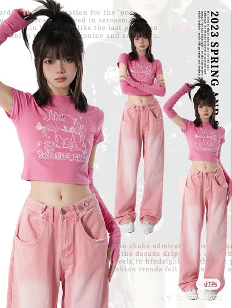 Pink And White Streetwear Outfit, Pink Korean Outfit Aesthetic, Pink Kpop Fashion, Pink K Fashion, Korean Barbie Outfit, Korean Pink Fashion, Pink Yk2 Outfits, Streetwear Pink Outfit, Y2k Cute Outfits Pink