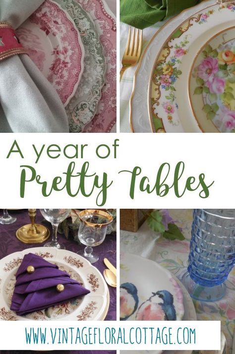 A Year of Pretty Tables | Vintage Floral Cottage Floral China Table Setting, Small Table Setting, Cottage Table Setting, Vintage Table Setting Ideas, Vintage Tablescapes Ideas, Old Country Roses Tablescape, Pretty Table Setting Ideas, Vintage Tablescape, Shabby Chic Tablescape