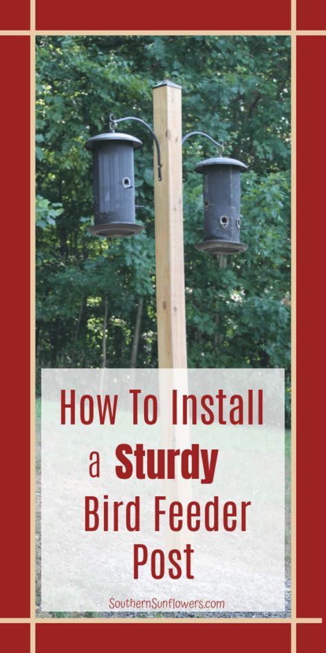 Learn how to install a post for your bird feeders. Instruction for this DIY project will assist you in installing a sturdy post ~ Southern Sunflowers Post Bird Feeder, Post For Bird Feeders, Bird House Stands Diy, Bird Feeder Poles Ideas Diy, Bird Feeder Post Ideas, Bird Feeder Poles Ideas, Bird Feeder Post, Bird Feeder Hangers, Bird Feeder Station