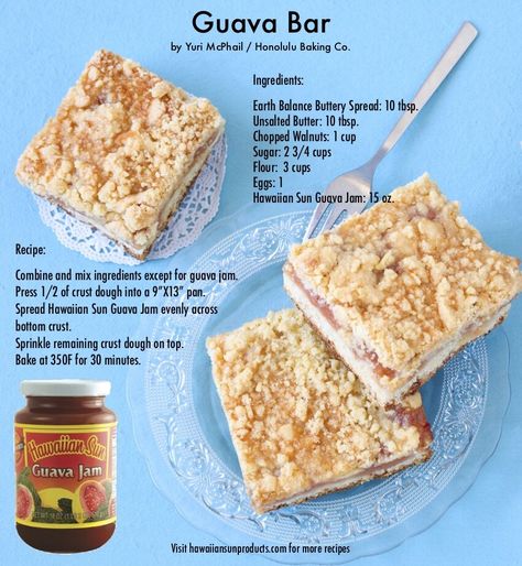 Hawaiian Sun - NEWS - Guava Bar Recipe Hawaiian Baked Goods, Guava Chicken Hawaiian, Guava Jam Desserts, Hawaiian Christmas Cookies, Hawaii Deserts, Guava Bars Recipes, Guava Bars, Fejoa Recipes, Hawaii Desserts