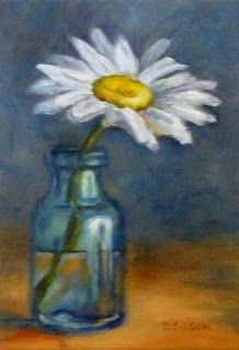 "Crazy Daisy" Oil on canvas, 7" x  5". I love the translucent white pedals of daisies.  Their centers resemble bright yellow pincushions too. Daisy Flower Art Painting, Yellow Daisy Painting, Daisy Still Life Photography, Daisy Bouquet Painting, Daisy Flower Oil Painting, Daisy Art, Sunflowers And Daisies, Oil Painting Flowers, Daily Painting