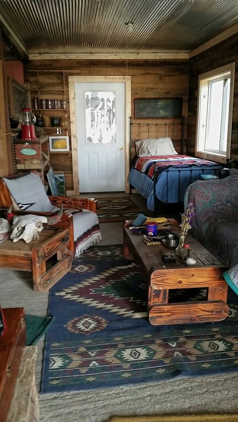 Rustic One Room Cabin, Small Wooden House Interior, Twin Bed In Living Room, Rustic Twin Bed, One Room Cabin Floor Plans, Cabin Tiny House Interiors, 1 Room Cabin Interior, Small Cabin Interiors Cozy Living Room, Lake Cabin Living Room