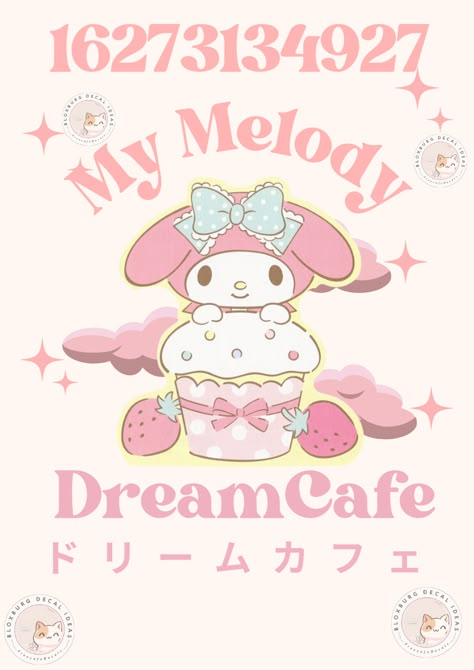 My Melody Decals Bloxburg, Bloxburg Kawaii House, Hello Kitty Cafe Bloxburg, Sanrio Decals Bloxburg, Cafeteria Bloxburg, Hello Kitty Decals, Sanrio Cafe, Cafe Hello Kitty, Decals Bloxburg