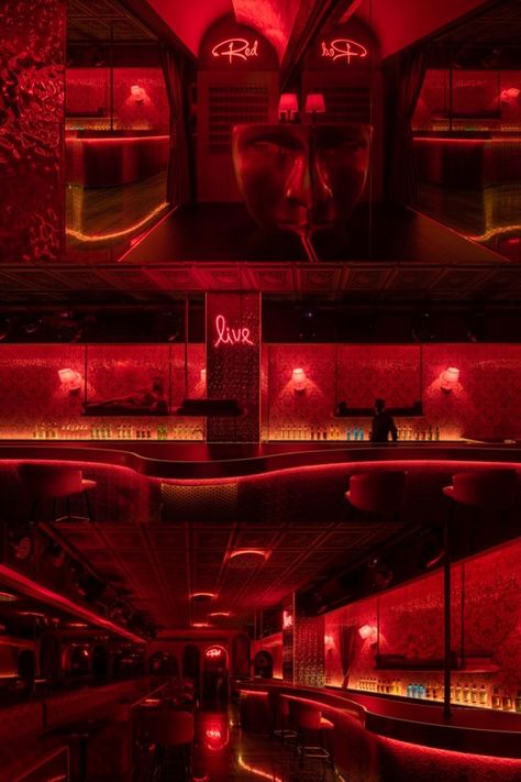 Lapis Bureau (LxB) recently designed a red-hue night club in the most prosperous and bustling bar street of Coco Park in Futian, Shenzhen RED by Lapis Bureau is located in the heart of Shenzhen’s nightlife, in Coco Park Futian area, and is designed to be one of the most exclusive and unexpected realities among the bars and clubs scene in post-pandemic Shenzhen. Exclusive Club Aesthetic, Bar Astethic Club, Club Astethics, Night Club Design Interior, Red Club Aesthetic, Strip Club Interior, Red Luxury Aesthetic, Headspace Aesthetic, Night Club Lighting