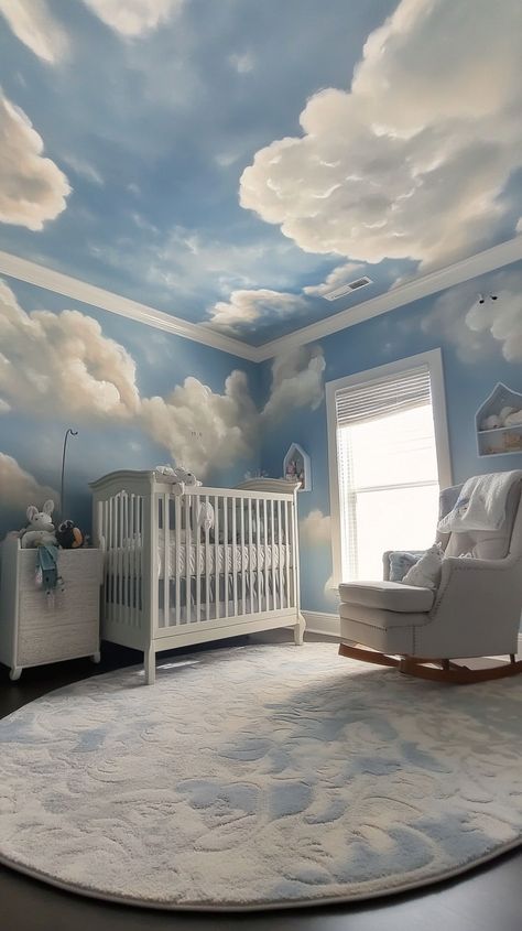 Dive into a Pisces' whimsical nursery! 🌙✨ Enchanting cloud ceiling mural, plush textures, and a gentle rocking chair create a dreamy haven. Soft, ethereal lighting casts a magical glow, while storybook-inspired decor sparks little imaginations. Perfect for your little dreamer! 🌈🍼 Cloud Ceiling Playroom, Cloud Light Nursery, Cloud Mural Ceiling, Cloud Mural, Ethereal Lighting, Castle Nursery, Sky Room, Ceiling Mural, Sky Nursery