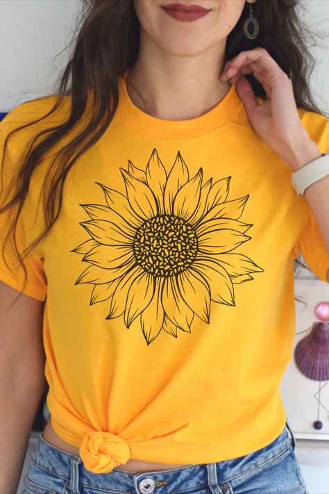 A beautiful sunflower shirt. Specially designed for any time of the year, yes it makes a perfect summer shirt as well. Perfect for Mom or a gift for her. This inspirational shirt is also perfect for the new trending sunflower "be kind" shirts. Sunflower Tshirt Designs, Be Kind Shirts, Clothes Painting, Tshirt Painting, Gold Shirt, Sunflower Shirt, Yoga Outfit, Boutique Dress Designs, Boutique Dress