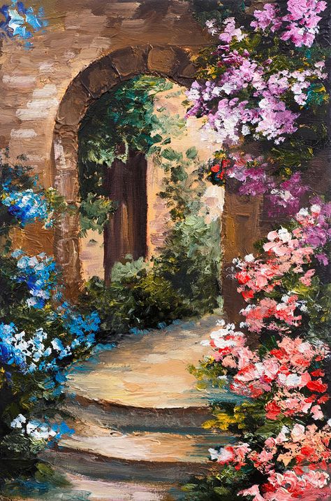 Villa oil painting Oil Painting Ideas, Oil Painting For Beginners, Arte Van Gogh, Blooming Garden, Рисунки На Холсте, Paint Inspo, Paintings Ideas, Landscape Art Painting, Cute Paintings