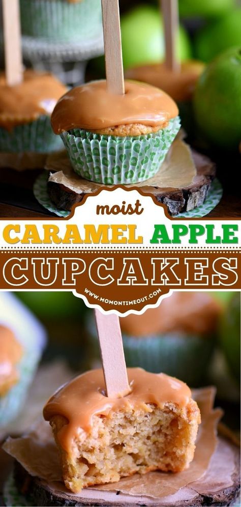 CARAMEL APPLE CUPCAKES, fall baking, apple recipes Apple Cupcakes With Caramel Frosting, Carmel Apple Cupcakes Easy, Caramel Apple Cupcakes Easy, Apple Finger Desserts, Fall Holiday Baking, Halloween Apple Dessert Ideas, Fall Dessert For Party, Fall Potluck Ideas Dessert, Easy Thanksgiving Treats To Make