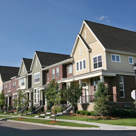 Row of Suburban Townhouses on Summer Day Suburban Townhouse, Cute Townhomes Exterior, Suburban Town, Small Suburban Family Home, Town Home Floor Plan, Perfect Suburban Neighborhood, Townhouse Decorating, Bold Paint Colors, Suburban House