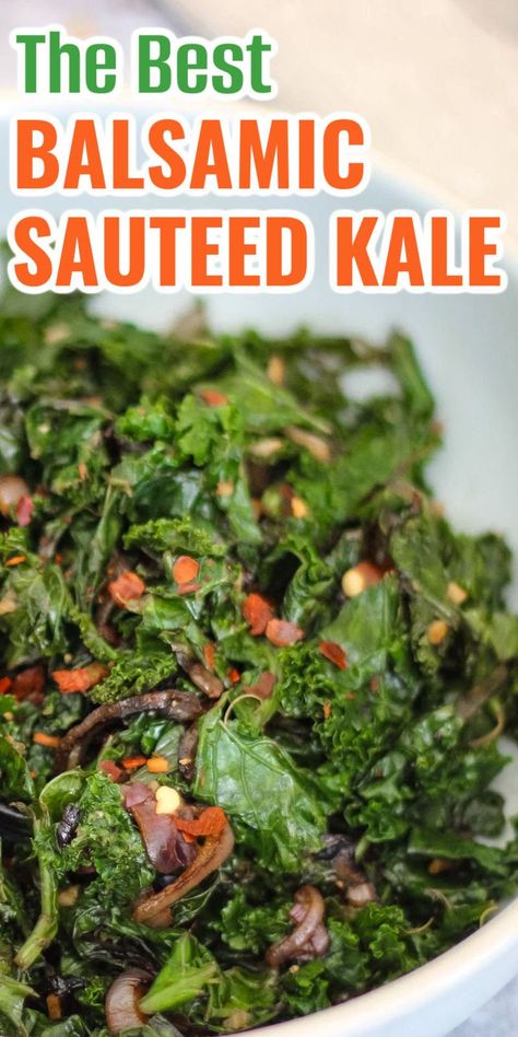 This sautéed kale and onions with balsamic vinegar is sure to become a family favorite salad, especially during the summer. This recipe is perfect for vegan, vegetarian, keto, or gluten-free diets. Kale Salad With Balsamic Vinaigrette, Low Carb Kale Salad, Sautéed Kale Salad, Dishes With Kale, Healthy Greens Recipes, Kale Keto Recipes, Keto Kale Recipes, Kale Sides, Kale Side Dish Recipes