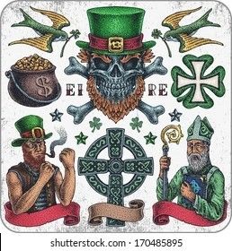 Traditional Irish Tattoos, Irish Sleeve Tattoo, Leprechaun Tattoos, Irish Tattoo, Traditional Heart Tattoos, Beer Tattoos, Irish Traditional, Nerdy Tattoos, Green Tattoos