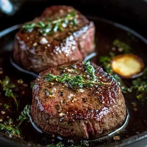 Discover this easy dinner recipe for cooking filet mignon in a cast iron pan! This method ensures a tender, juicy steak with a beautiful sear, making it perfect for special occasions or date nights. Quick to prepare and packed with flavor, it’s a meal your family will love! #EasyDinnerRecipe #FiletMignon #SteakRecipe Steak On Pan, Filet Mignon Recipes Iron Skillet, Tenderloin Recipes Beef Filet Mignon, How To Cook Filet Mignon In Cast Iron Skillet, Filet Mignon With Red Wine Sauce, Oven Filet Mignon Recipes, Skillet Steaks Cast Iron, Filet Mignon Recipes Pan Seared And Oven, Blue Cheese Filet Mignon