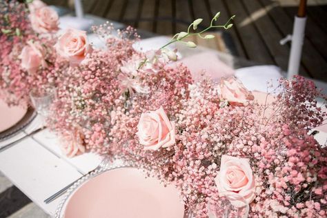 A little inspo from one of our summer picnics. This pink baby’s breath table runner by the talented @taylorgraceinc would be perfect for a… | Instagram Flower Garland Table Runner, All Pink Picnic, Pink Flower Table Decor, Pink Baby Shower Flowers Centerpieces, Light Pink Centerpieces Wedding, Pink Flowers Baby Shower Ideas, Pink Baby’s Breath, Pink Bridal Shower Table Decor, Pink Picnic Ideas