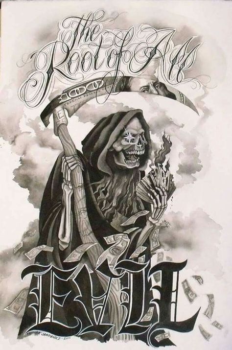 The Root of All Evil Root Of All Evil Tattoo, Evil Tattoo Ideas, Grim Reaper Drawing, Reaper Drawing, Saab Turbo, Root Of All Evil, Reaper Art, Evil Skull Tattoo, Filler Ideas