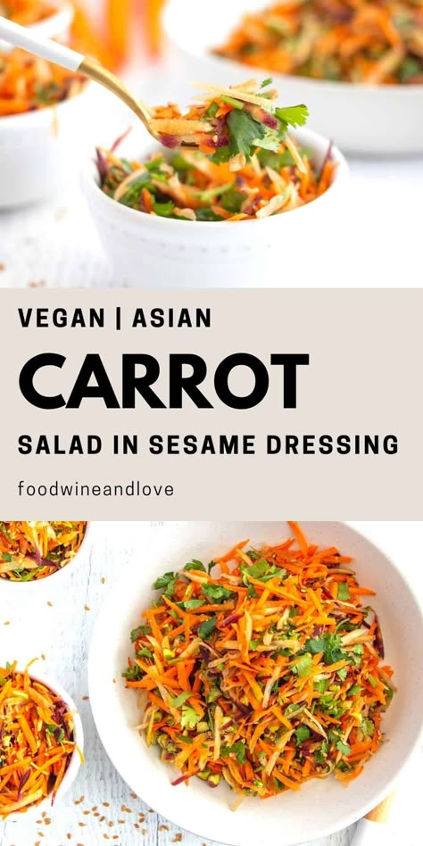 Carrot Slaw Asian, Asian Salad Vegan, Vegan Carrot Salad Recipes, Asian Carrot Salad Recipes, Carrot Salad Asian, Asian Veggie Dishes, Sesame Tomato Salad, Carrot Sesame Salad, Carrot Salad Recipes Healthy