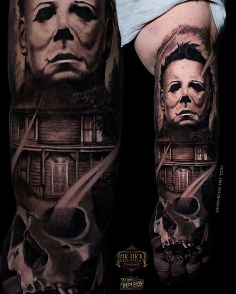 Michael Myers House Tattoo, Micheal Myers Tattoo Ideas, Jason Vs Michael, Jason Freddy Michael Myers Chucky Tattoo, Michael Myers Leg Tattoo, Micheal Myers Tattoo, Micheal Myers’s Tattoo, Michael Myers Tattoo, Michael Myers Portrait Tattoo