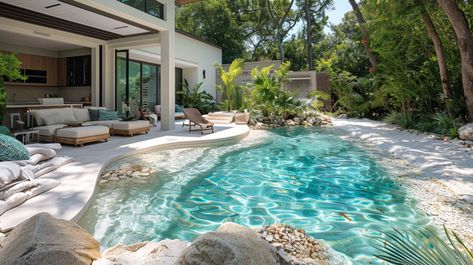 Beach Entry Pool Ideas, Beach Style Pool, Arizona Pools, Castle Layout, Zero Entry Pool, Beach Entry Pool, Courtyard Pool, Natural Landscaping, Lagoon Pool