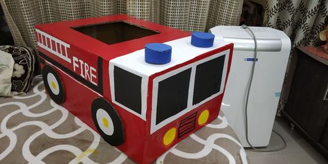 Firetruck Out Of Cardboard Boxes, Cardboard Fire Engine, Fire Engine Cardboard, Cardboard Box Firetruck, Fire Truck Cardboard Box Car, Cardboard Firetruck, Box Fire Truck, Fire Engine Craft, Diy Fire Truck