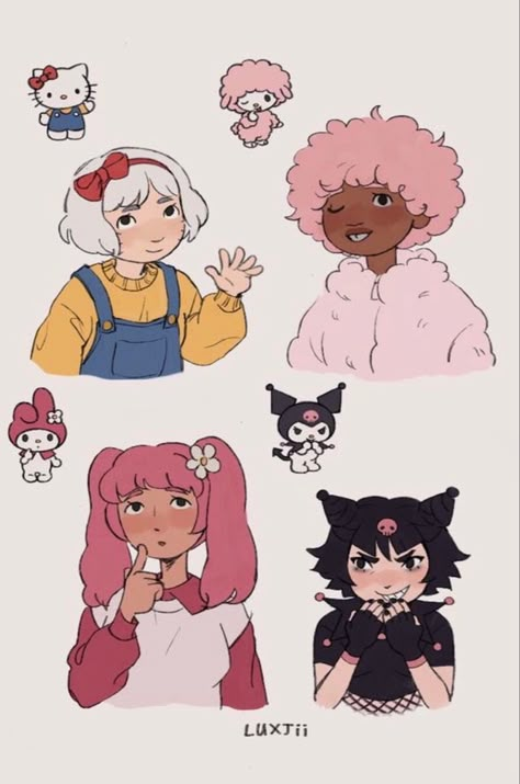 Saniro Charcters As People, My Melody And Kuromi Human Fanart, Sanrio Characters Fanart, Hello Kitty And Friends Fanart, Human Hello Kitty Fanart, Sanrio Characters As People, Hello Kitty Human Art, Hello Kitty As A Person Drawing, Sanrio Human Art