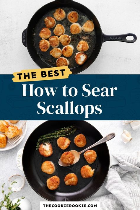 Seared scallops are a simple delicacy that’s easier to make than you think. They’re perfectly pan-seared in butter and lightly seasoned for the best flavor. Pop over to my site for the recipe! | seafood | appetizers | dinner recipes | How To Cook Scallops In Cast Iron, Scallops In Cast Iron Skillet, Cast Iron Scallops, How To Sear Scallops, Seared Scallops Cast Iron, Frozen Scallop Recipes, How To Cook Scallops In Pan, Searing Scallops, Perfect Scallops