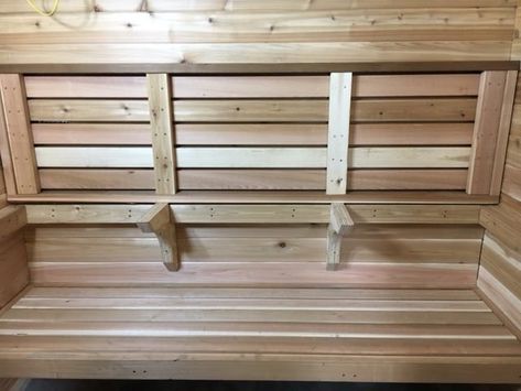 Sauna Benches - Saunatimes Sauna Bench, Basement Sauna, Antique Dining Room Chairs, Pipe Candle Holder, Antique Dining Rooms, Mobile Sauna, Building A Sauna, Wood Sauna, Sauna House