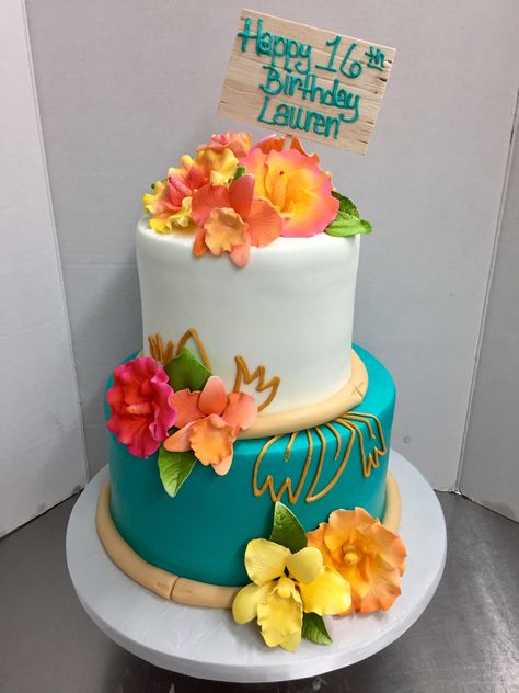 Tropical 40th Birthday Cake, Hawaii 5-0 Birthday Cake, Sweet 16 Hawaiian Theme Cake, Sweet 16 Luau Cake, Tropical Cake Ideas Hawaiian Theme, Luau Graduation Cake, Hawaiian Luau Cake Ideas, Hawaiian Cake Ideas Luau Birthday, Hawaii Birthday Cake Ideas