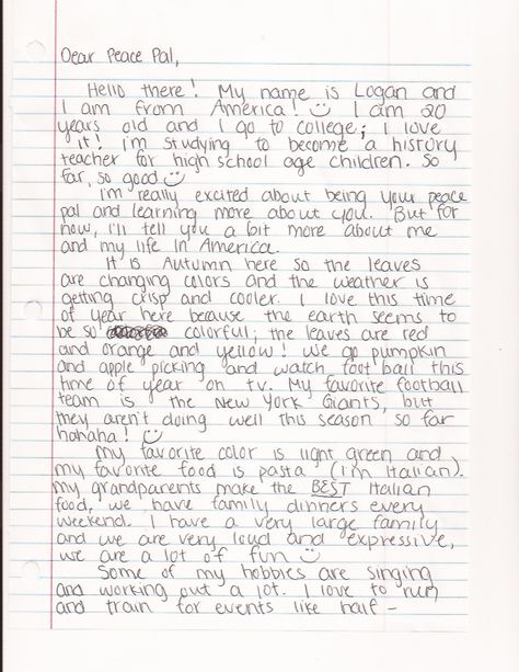 The first page of a letter from a student at Eastern CT State University to her pen pal in Afghanistan. First Penpal Letter Writing, Letter To Penpal, Letter To Pen Pal, First Pen Pal Letter Ideas, Pen Pal Introduction Letter, Cute Letters To Friends Writing Pen Pals, Letter Starters, Friend Letter, Mail Inspiration