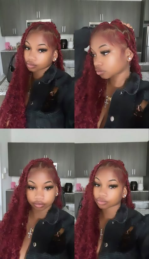 Red Locs Black Women Weave, Hairstyles With Red Hair Black Women, Burgundy Butterfly Locs Black Women, Cute Red Hairstyles For Black Women, Hairstyles For Red Hair Black Women, Red Butterfly Braids, Red Hair Styles Braids, Red Hair Black Women Braids, Burgundy Faux Locs Black Women