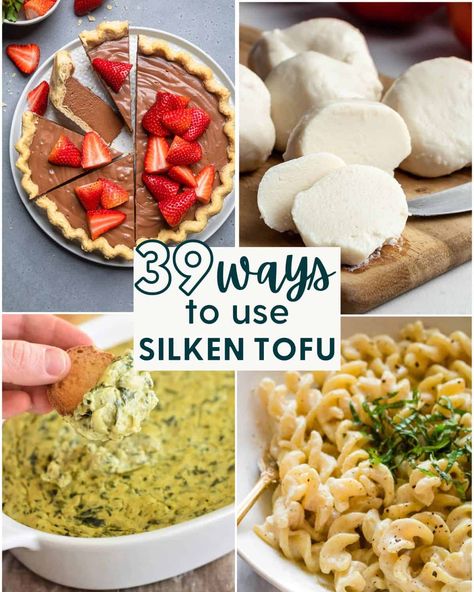 These 39 silken tofu recipes are the best way to use up that container of silken tofu! Think outside the box and use this soft, custard-like soy product to make breakfast, vegan dips, vegan mozzarella cheese, chocolate pie, oats, chocolate mousse, or creamy pasta! You are guaranteed to find a new favorite recipe here! Soft Tofu Recipes Soups, Vegan Firm Tofu Recipes, Creamy Tofu Recipes, Best Vegan Tofu Recipes, Recipes Using Soft Tofu, Tofu Soft Recipes, Ways To Eat Tofu, Vegan Tofu Dessert, Recipes Using Silken Tofu