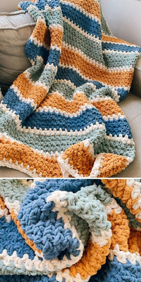 Crochet Chunky Blanket Free Pattern Orange And Blue Crochet Blanket, Orange Crochet Blanket, Striped Crochet Blanket Pattern, Crochet Striped Blanket, Crochet Striped Blanket Pattern, Crochet Chunky Blanket, Blue Crochet Blanket, Crochet Blanket Free, Granny Stripe Blanket