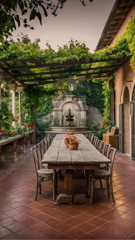 Outdoor Dining on a Rustic Tuscany Patio Patio Stone Deck, Dining Al Fresco, Tuscany Patio, Tuscan Patio, Vineyard Garden, Tuscany Vineyard, Spanish Homes, Stone Deck, Mediterranean Interior Design