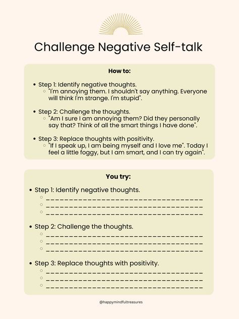 Utilize this worksheet to help challenge negative thoughts or negative self talk. Challenge Negative Thoughts Worksheets, Challenge Negative Self Talk, Mantras To Combat Negative Thoughts, Negative To Positive Thoughts, Changing Negative Thoughts To Positive Worksheet, Cbt Negative Thoughts, Redirecting Negative Thoughts, Journal Prompts For Negative Self Talk, Overcome Negative Thoughts