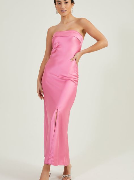 Paityn Strapless Maxi in Pink | Altar'd State Pink Silk Dress, Pink Strapless Dress, Top Satin, Strapless Prom Dress, Pink Cocktail Dress, Pink Formal Dresses, Pink Bridesmaid Dresses, Silk Dress Long, Prom Dress Inspiration